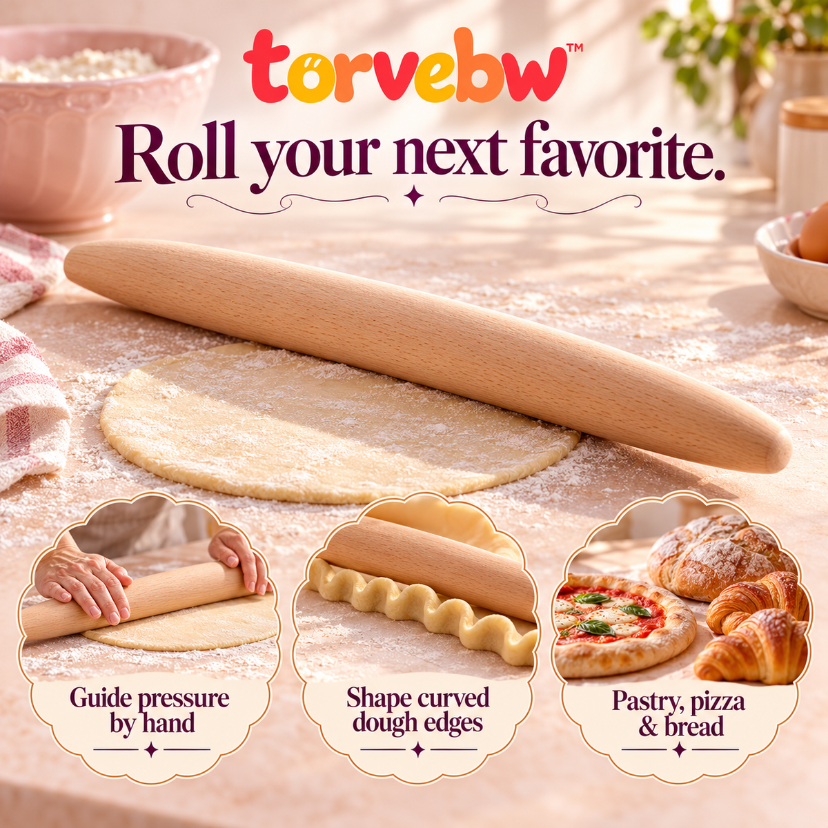 torvebw™ RollLine French Rolling Pin, 18-Inch Tapered Beechwood Dough Roller for Pastry, Pizza and Bread