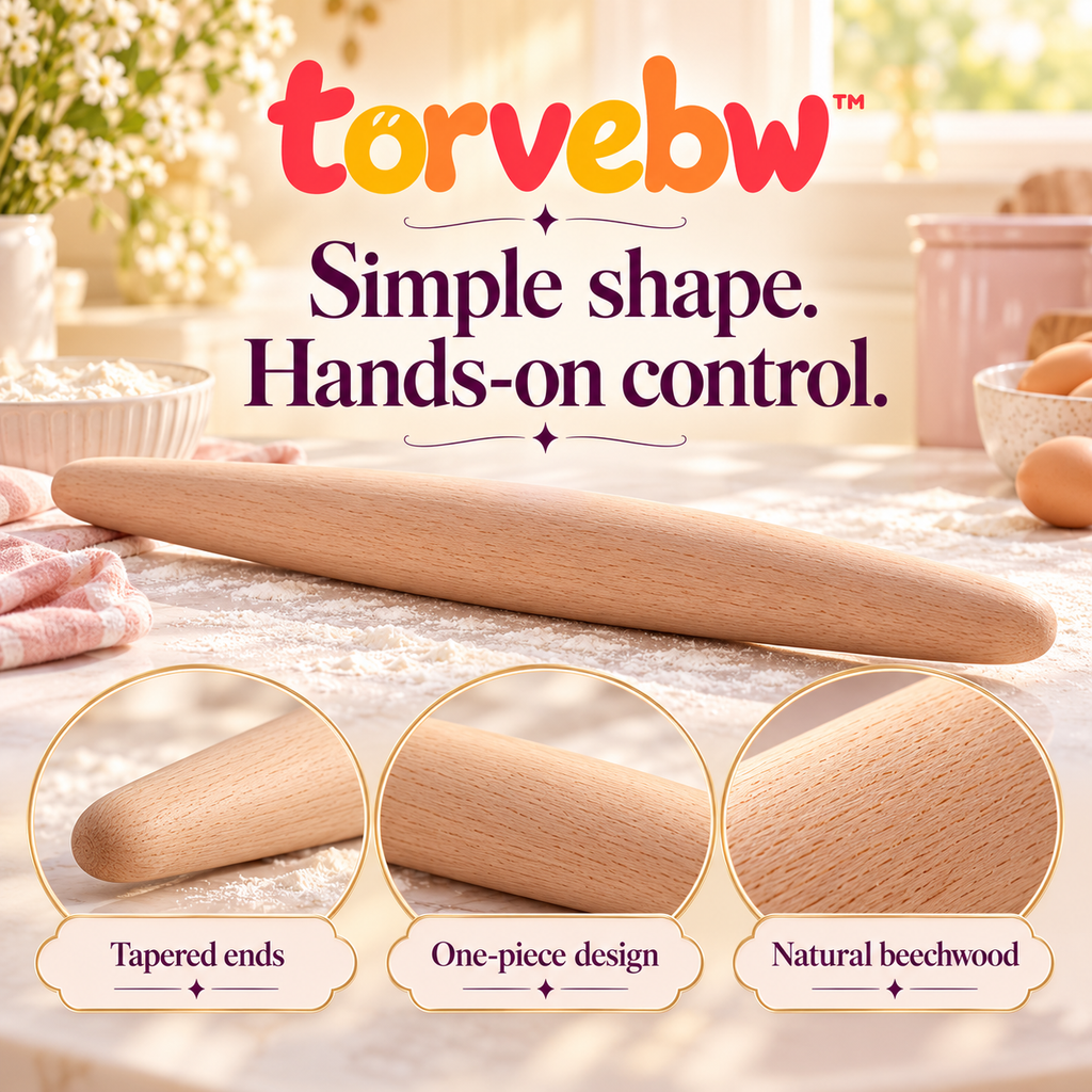 torvebw™ RollLine French Rolling Pin, 18-Inch Tapered Beechwood Dough Roller for Pastry, Pizza and Bread