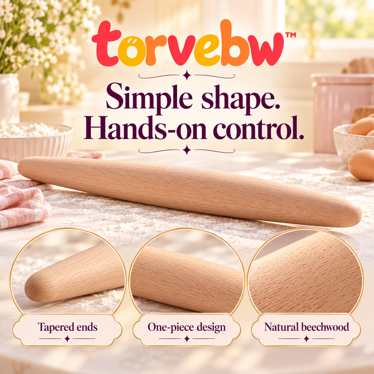 torvebw™ RollLine French Rolling Pin, 18-Inch Tapered Beechwood Dough Roller for Pastry, Pizza and Bread