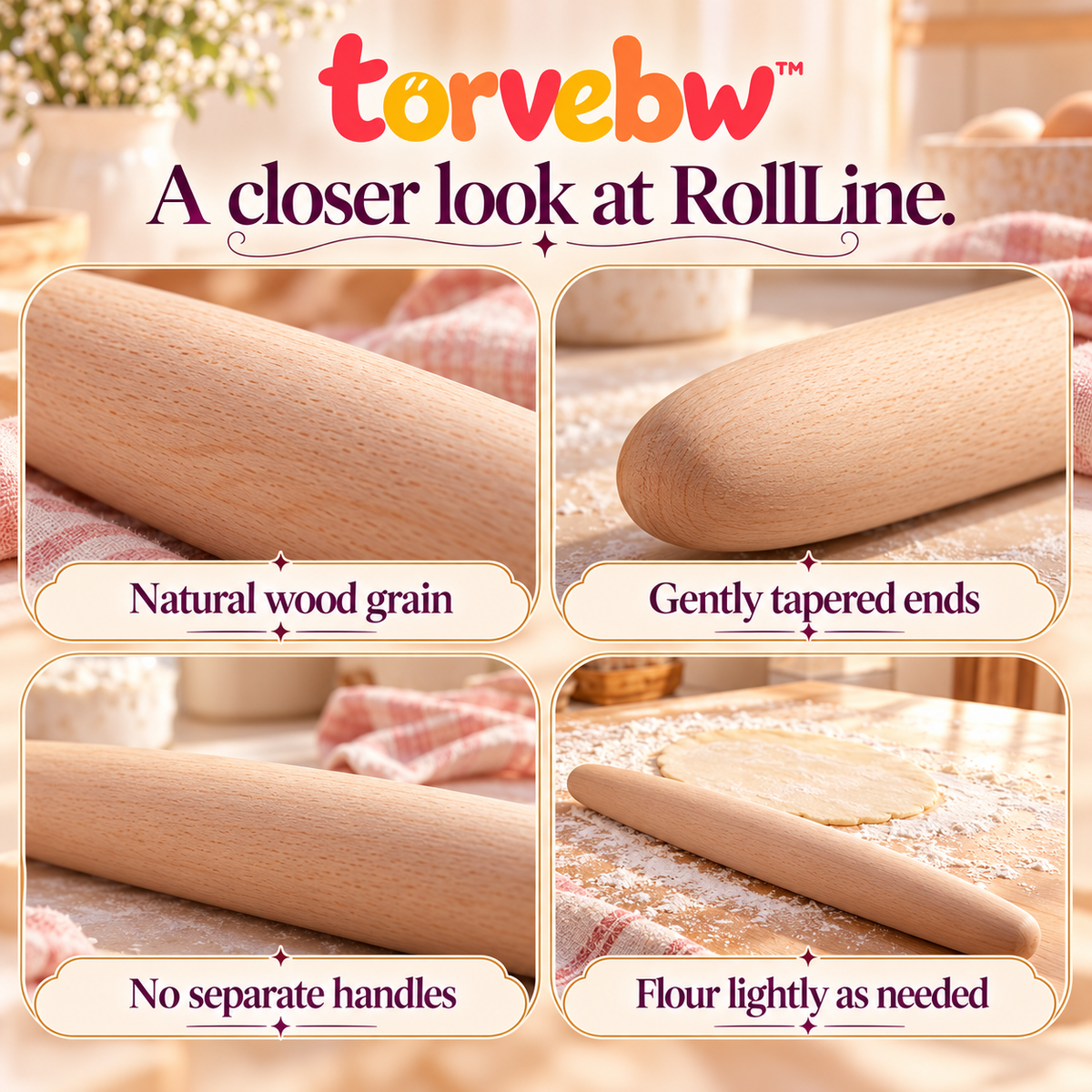 torvebw™ RollLine French Rolling Pin, 18-Inch Tapered Beechwood Dough Roller for Pastry, Pizza and Bread