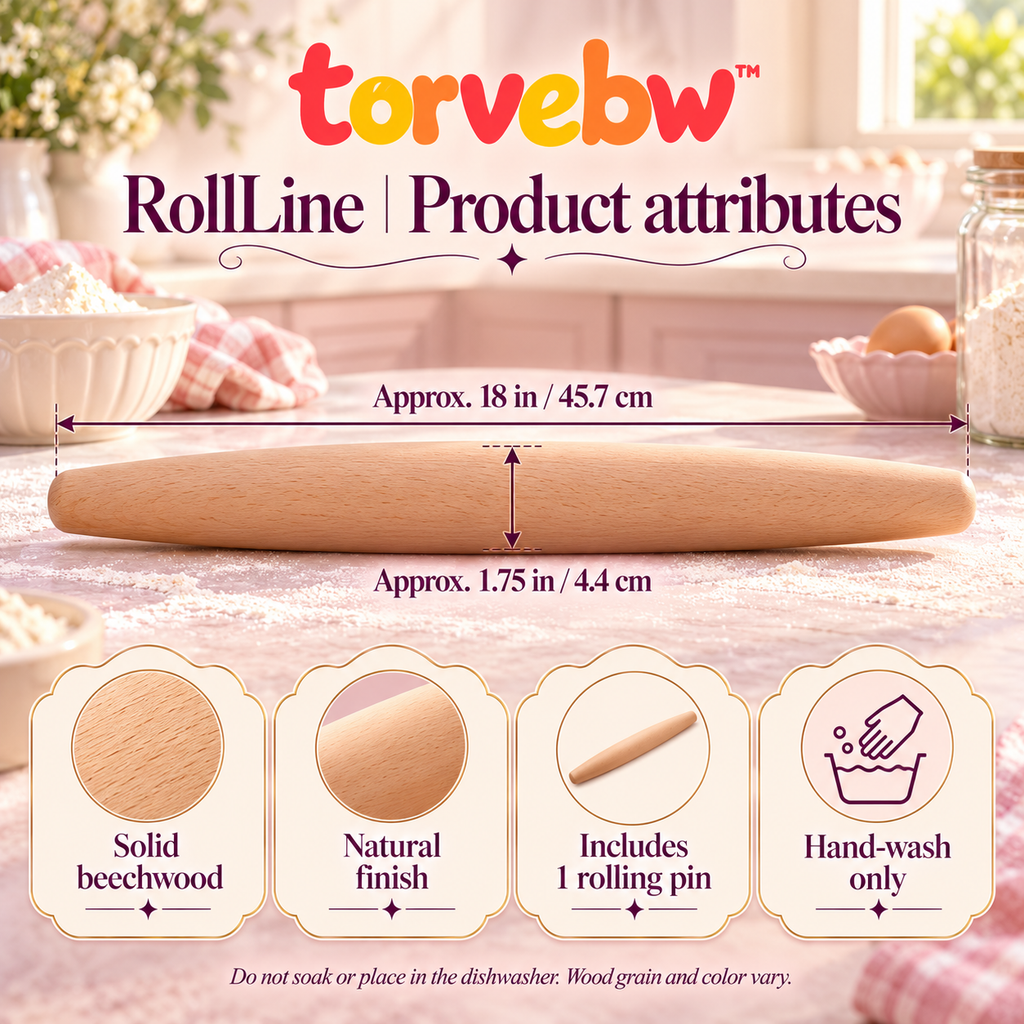 torvebw™ RollLine French Rolling Pin, 18-Inch Tapered Beechwood Dough Roller for Pastry, Pizza and Bread