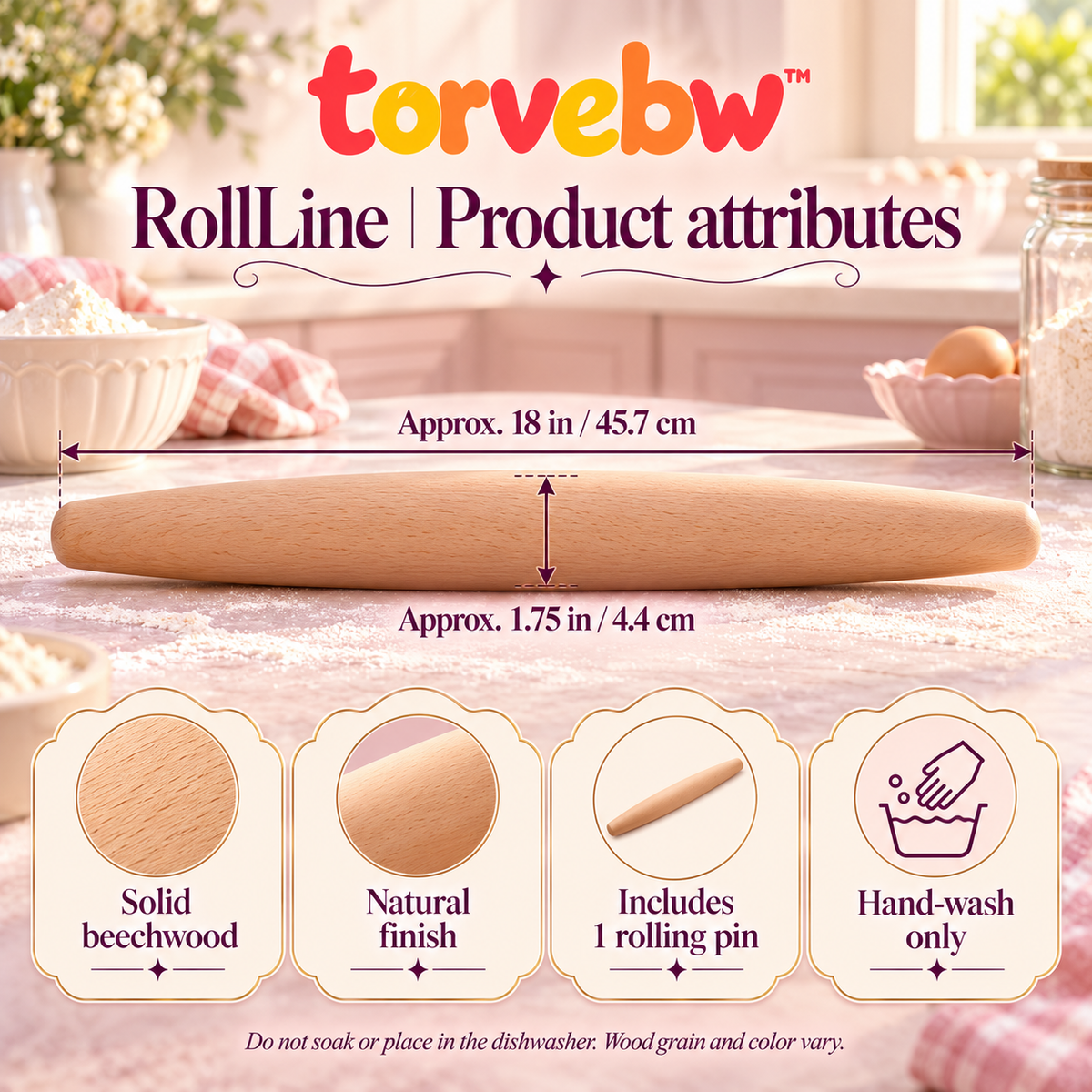 torvebw™ RollLine French Rolling Pin, 18-Inch Tapered Beechwood Dough Roller for Pastry, Pizza and Bread